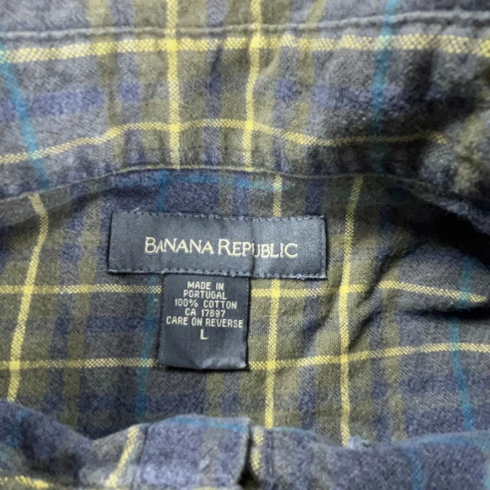 Banana Republic Flannel Shirt Men Large Blue Green‎ Button Up Tartan Plaid Camp